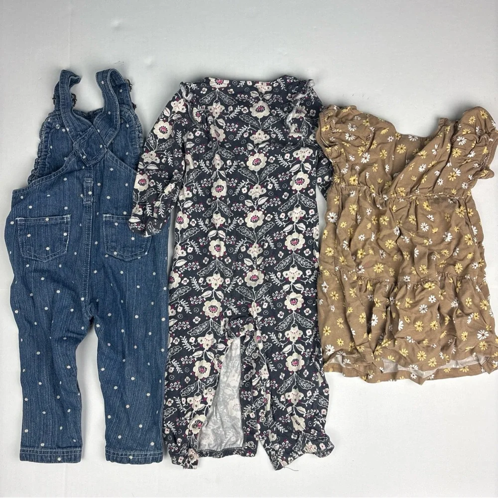 Baby Girl Size 18 Months Lot of 3 Heart Overalls Jumper One Piece Floral Spring